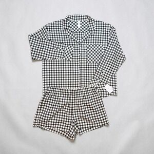 Auden Women's M Flannel Long Sleeve Top & Shorts Pajama Set Black Mini Check